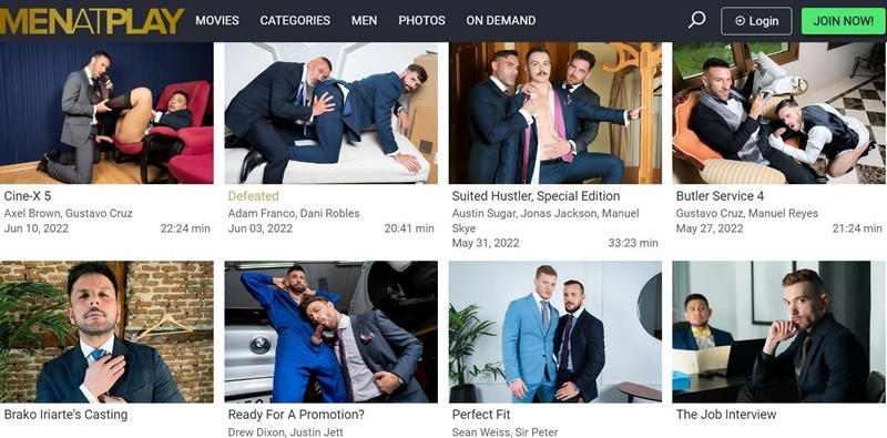 Men at Play Gay Porn Membership Site - Suit gay sex hairy muscle dude Little Brako’s massive uncut dick barebacking bearded stud Adam Franco
